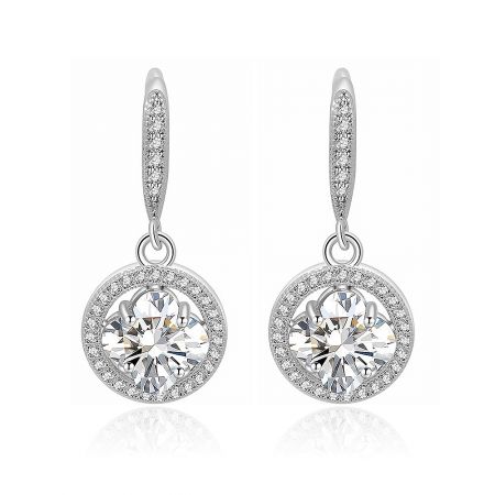 Round Zirconia Hook Earrings With Pave Surround - A pair of elegant Round Zirconia Hook Earrings with Pave Surround, made of silver-toned rhodium-plated brass. They feature a classic drop shape with a central clear cubic zirconia in a halo setting.