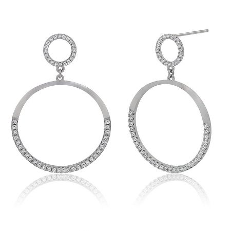 Side profile of the open teardrop earrings, highlighting their elegant curvature and rhodium plating.