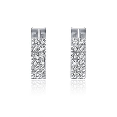 White Zirconia Hinged Hoop Earrings - A pair of White Zirconia Hinged Hoop Earrings made from rhodium-plated brass, showcasing the brilliant pave-set cubic zirconia stones against a white background.