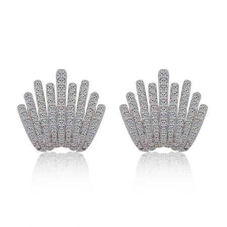Chic Shine Studs - A pair of Chic Shine Studs featuring a distinctive fan-shaped design in rhodium-plated brass, encrusted with sparkling cubic zirconia stones.