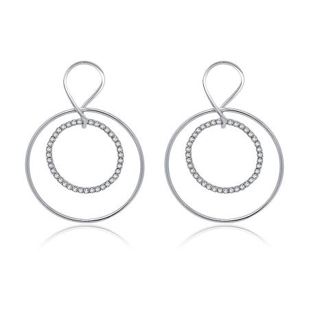 CZ Large Geometric Circle Drop Earrings - A pair of CZ Large Geometric Circle Drop Earrings with a rhodium-plated finish, showcasing a double-layered circular design with a sparkling Czech crystal on the inner circle.