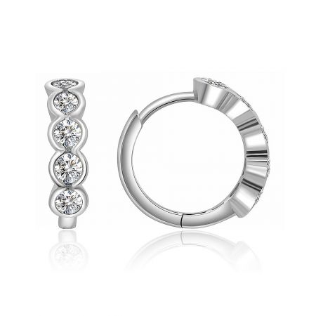 Side profile of a sleek, modern silver mini huggie hoop earring showcasing its cubic zirconia stones and secure clip closure.