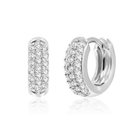 Pave CZ 4mm Hoop Earrings - A pair of Pave CZ 4mm Hoop Earrings, crafted from rhodium-plated brass and adorned with sparkling cubic zirconia stones.