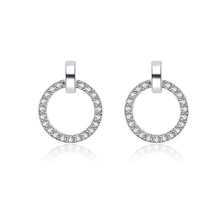 Rhodium Circle Pave Stud Earring - A close-up of the Rhodium Circle Pave Stud Earring, showcasing the brilliant micro-paved cubic zirconia stones on a rhodium-plated brass base.