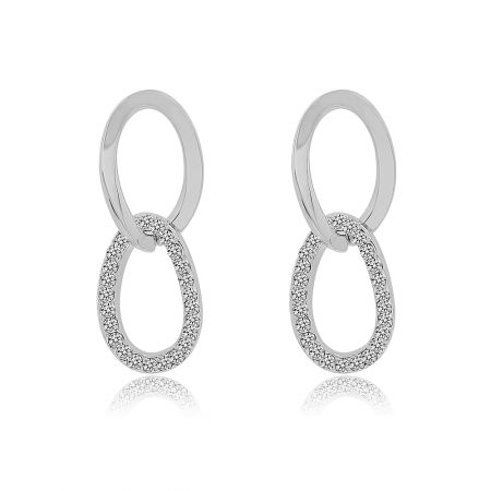 Interlocking Circular and Oval Stud Earrings - A pair of Interlocking Circular and Oval Stud Earrings in rhodium plating, featuring a double-loop design with the lower loop studded with sparkling cubic zirconia.