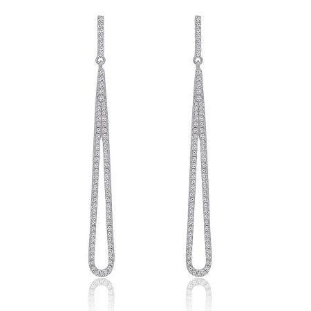 Close-up of elegant silver paperclip earrings with diamond studs.