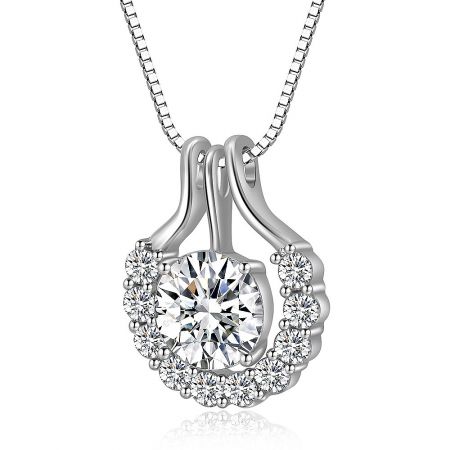 Angled shot of the white gold pendant necklace, showing the intricate details of the cubic zirconia setting.