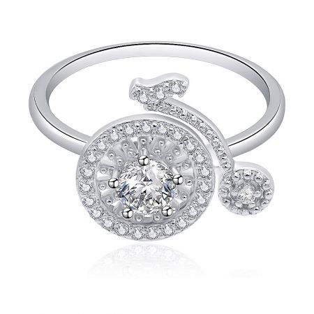 Spinning Bike Wheel Ring - Close-up of the Spinning Bike Wheel Ring, showcasing its intricate bicycle wheel design with a central cubic zirconia stone set in a polished rhodium-plated band.