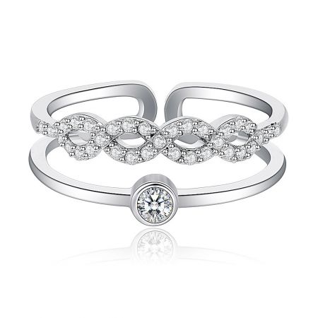 Cubic Zirconia Link Band Ring - Cubic Zirconia Link Band Ring with rhodium plating, featuring a row of oval-shaped stones on a white background.