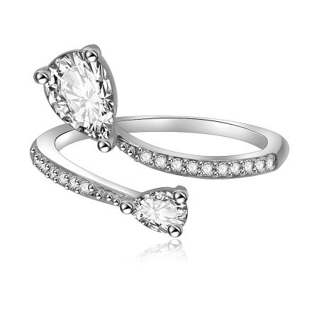 Two-Stone Tear Cubic Zirconia Ring - A close-up of the Two-Stone Tear Cubic Zirconia Ring, showcasing its rhodium-plated brass band and two sparkling tear-cut CZ stones.