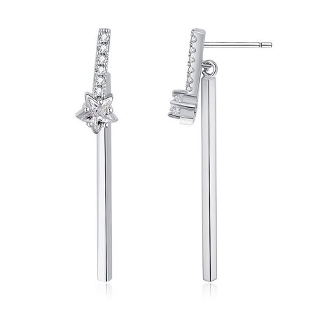 Close-up view of the minimalist Star Bar Drop Earrings showcasing the brilliant cubic zirconia accents on the star element.