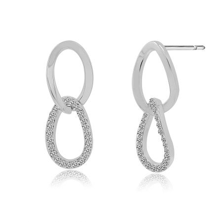 Detailed view of the silver interlocking stud earrings, highlighting the brilliant cubic zirconia stones on the lower loop.