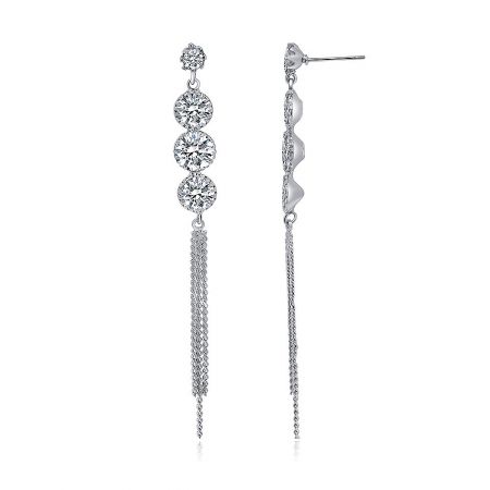 Detailed view of the silver tassel earrings showing the post-style backing and multiple round cubic zirconia stones.