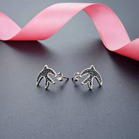 925 Sterling Silver Black Zircon Swallow Bird Stud Earrings (5 Pairs) - A pair of 925 sterling silver swallow bird stud earrings, intricately designed with sparkling black zircon stones, displayed on a white background.