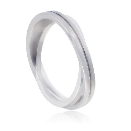 Interconnected Double Band Ring - A close-up of the Interconnected Double Band Ring, showcasing its distinctive double-layered design and polished rhodium plating.