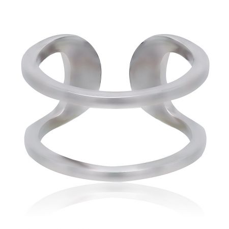 Open Your Heart Ring - A close-up of the Open Your Heart Ring, showcasing its modern double-loop geometric design in polished, rhodium-plated brass.
