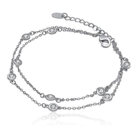 Round Bezel Set Link Chain 2 Row Bracelet - A close-up view of the Round Bezel Set Link Chain 2 Row Bracelet, showcasing its double-strand design and sparkling cubic zirconia stones on a white background.