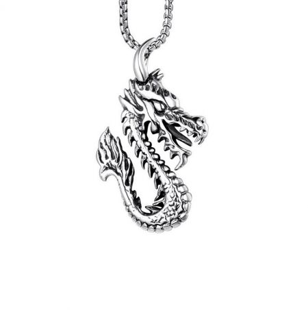 Dragon Pendant Necklace - A detailed silver dragon pendant, showcasing intricate scales and design, perfect for men's fashion jewelry.