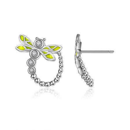 Detailed view of the Silver Dragonfly Stud Earring, showing the silver ball body and vibrant green epoxy on the wings.