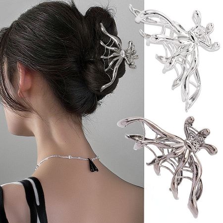 Example of a decorative metal hair clip being worn, showing its size and placement.