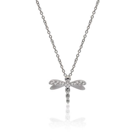 Ready to Fly Dragonfly Necklace - Close-up of the Ready to Fly Dragonfly Necklace, showcasing the intricate silver-toned dragonfly pendant adorned with sparkling cubic zirconia stones on a white background.
