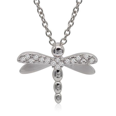 A detailed view of the silver dragonfly pendant necklace, highlighting the brilliant diamond-like cubic zirconia embellishments.
