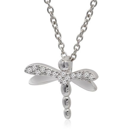 The Ready to Fly Dragonfly Necklace displayed on its chain, showing the full piece with its gemstone-encrusted dragonfly pendant.