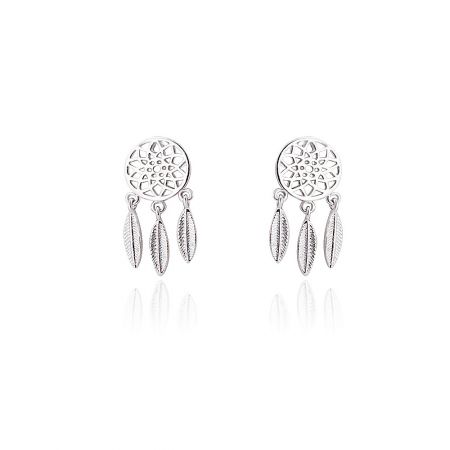Dreamcatcher Earrings - A pair of silver-plated dreamcatcher stud earrings with intricate web design and three dangling feather charms.