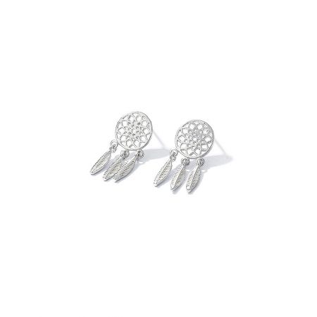 Close-up view of the silver dreamcatcher earrings showcasing the detailed web pattern and feather dangles.