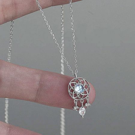 925 Sterling Silver Moonlight Stone Dreamcatcher Pendant Necklace - A 925 sterling silver necklace featuring an elegant dreamcatcher pendant with a central moonlight stone, displayed on a white background.