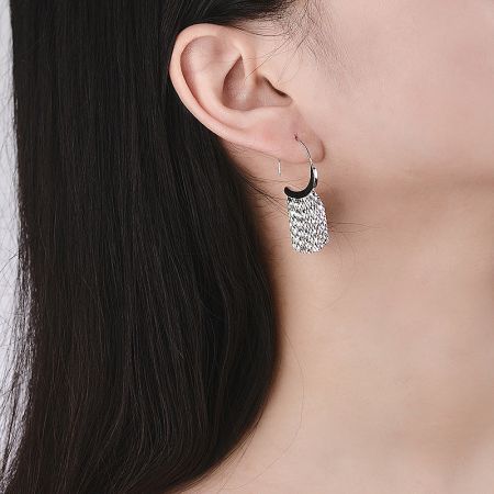 A variation from the set: silver tassel earring with a black crescent detail.