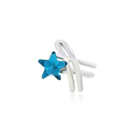 Blue Star Shaped Ear Cuff Earring - A close-up of the Blue Star Shaped Ear Cuff Earring, showcasing its rhodium-plated brass base and a brilliant blue cubic zirconia star.