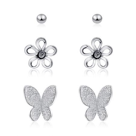 Butterfly Flower Stud Earrings in 3 Pack - A set of three Butterfly Flower Stud Earrings, including silver ball, flower, and butterfly designs, displayed on a clean white background.