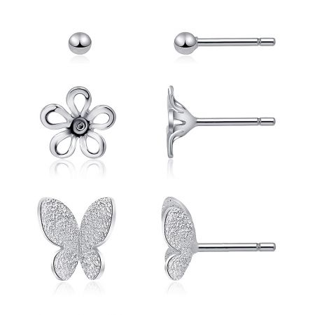 The complete set of three stud earrings—ball, flower, and butterfly—arranged to showcase their relative sizes and designs.