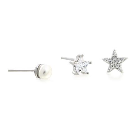 Close-up view of the three distinct silver stud earring designs in the star and pearl set.