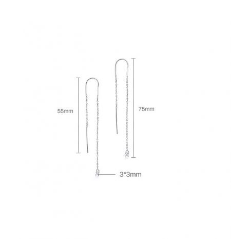Detailed dimensions of the 925 sterling silver threader drop earrings, showing available lengths.