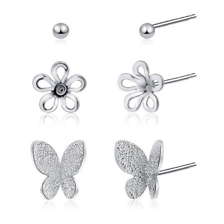 A detailed close-up of the intricately designed flower and butterfly stud earrings, highlighting their polished rhodium plating.