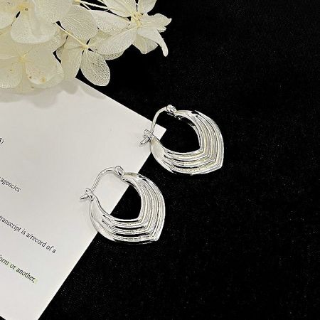 925 Sterling Silver Layered Shield Geometric Hoop Earrings (5 Pairs) - A pair of 925 sterling silver layered shield geometric hoop earrings on a clean white background, showcasing their intricate design.