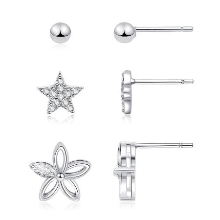 3 Pair Ball Bead CZ Star Flower Tiny Cartilage Earrings - A detailed view of the 3-pair stud earring set, showcasing the rhodium-plated ball bead, CZ star, and open flower designs against a white background.