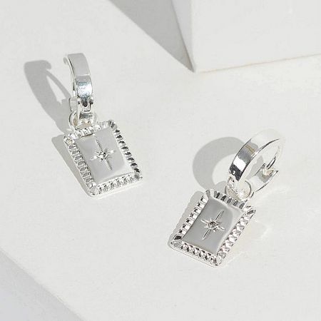 925 Sterling Silver Celestial Square Charm Dangle Earrings (Set of 5) - A pair of 925 sterling silver celestial square charm dangle earrings with a detailed starburst pattern, shown on a white background.