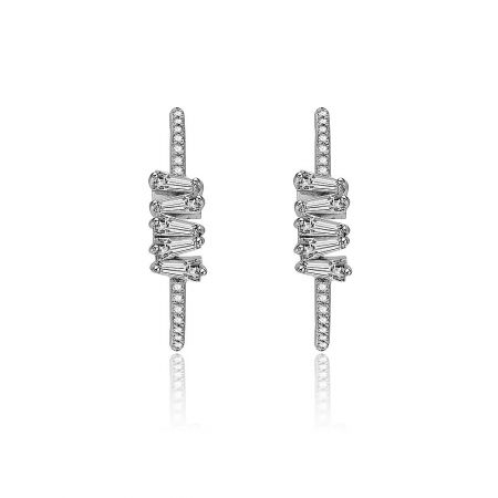 Baguette Semi Hoop Earrings - A pair of elegant Baguette Semi Hoop Earrings made of silver metal, featuring a row of baguette-cut clear cubic zirconia stones, showcasing a modern design.