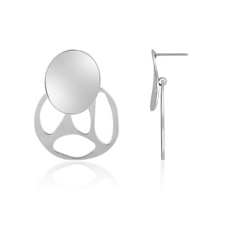 Detailed view of the openwork round earrings, highlighting the circular face and unique three-pronged base.