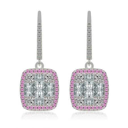 Dreamy Sweet Hook Earring - Front view of the Dreamy Sweet Hook Earring, showcasing the rhodium-plated finish with a central clear cubic zirconia stone elegantly framed by smaller pink gemstones.