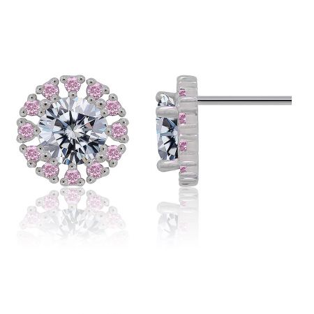 Side view of the sterling silver pink cubic zirconia earrings, highlighting the rhodium plating and secure post closure.
