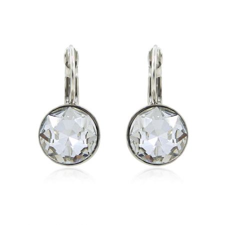 10mm Round Rhodium Clear Solitaire Earrings - A pair of 10mm round solitaire earrings with large, clear crystals in a rhodium-plated bezel setting, featuring a classic French hook design.