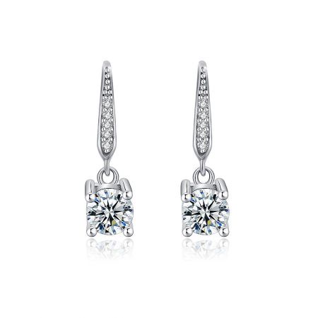Dangle Earrings with Single Clear CZ Stone - A pair of Dangle Earrings with a Single Clear CZ Stone, showcasing the rhodium-plated brass and sparkling gemstone. Model BEP01-R-Z-00060.