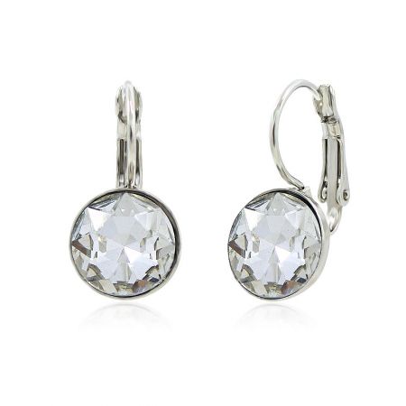 Detailed view of the 10mm clear solitaire gemstone on the rhodium-plated brass earrings.