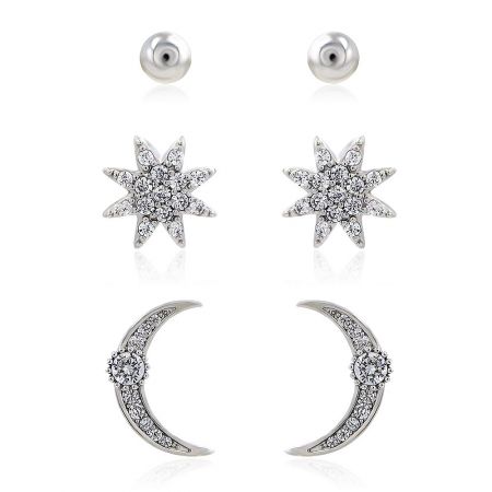 3 Pairs of Starbrust Moon Cubic Zirconia Stud Earrings - A set of three pairs of Starburst Moon Cubic Zirconia stud earrings, including silver ball, crescent moon, and star shapes.