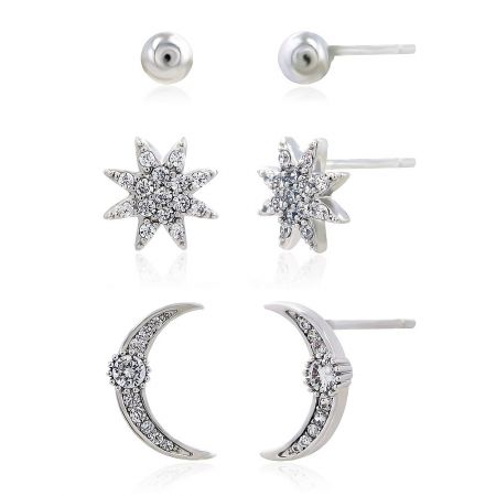 A collection of celestial-themed stud earrings including starburst and crescent moon designs.