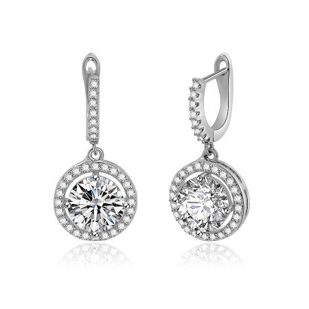 A pair of Clear CZ Halo Round Drop Earrings laid flat, highlighting their brilliant sparkle and silver craftsmanship.